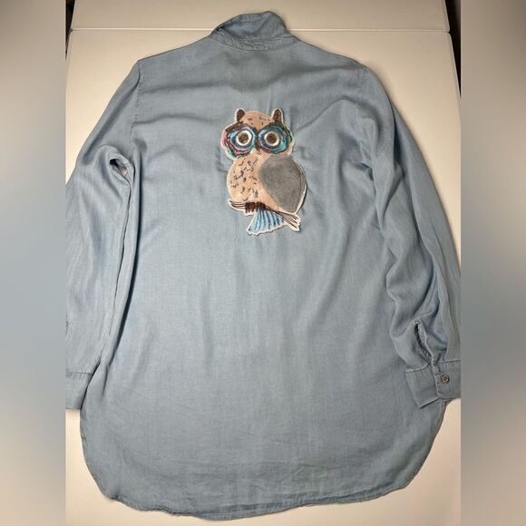 Vintage Owl Chambray Shirt Applique Embroidery Thin Denim Size M button-front - Picture 5 of 16